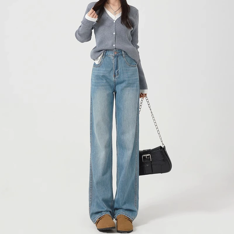 浅蓝高腰阔腿牛仔裤女2025新款宽松直筒显瘦垂感秋冬加绒拖地裤子