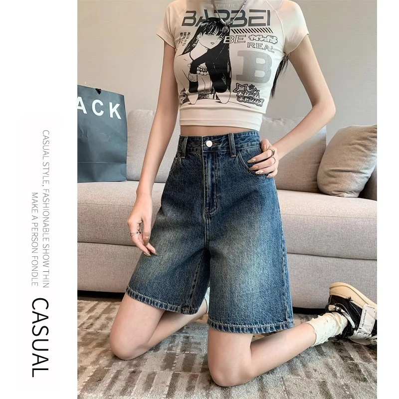 ruiliya/芮丽娅复古蓝a字五分牛仔短裤女夏直筒宽松高腰阔腿中裤