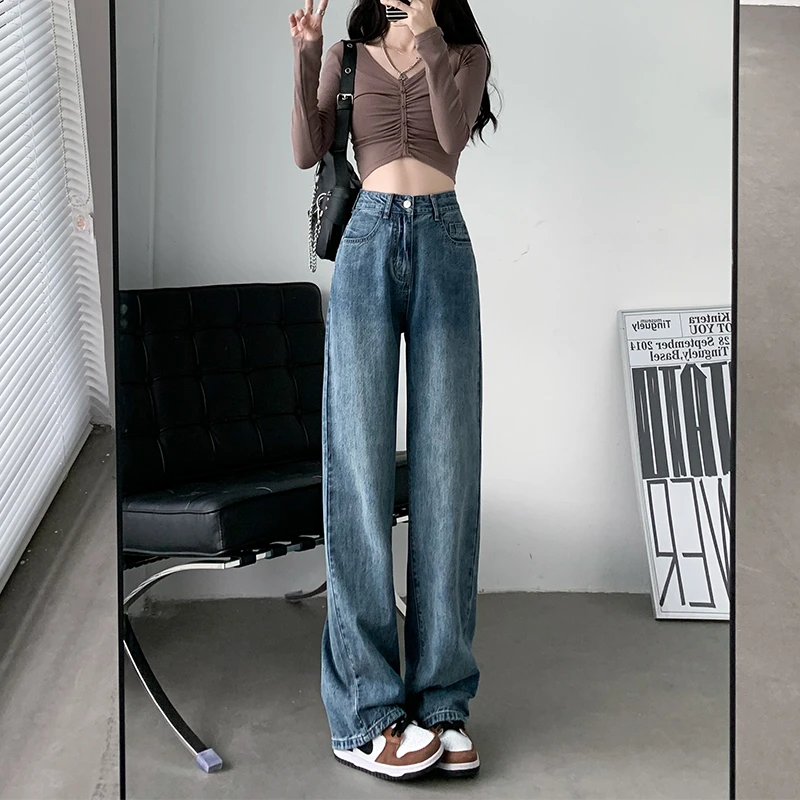 复古阔腿牛仔裤女春秋2054新款高腰显瘦宽松直筒高个子垂感拖地裤