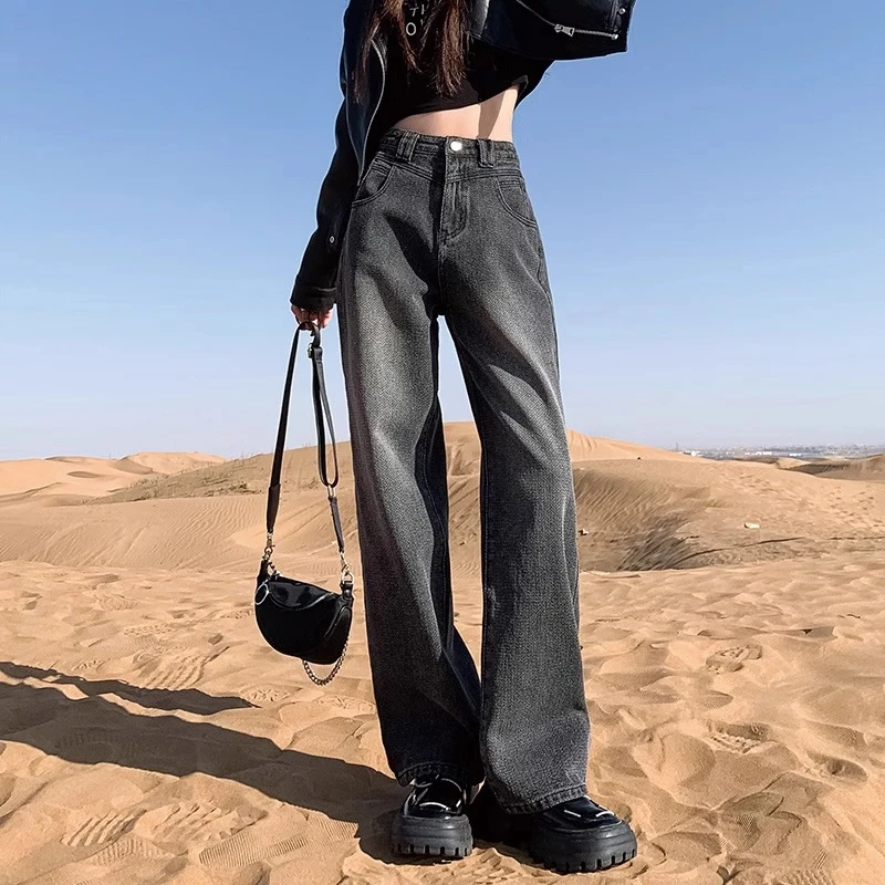 ruiliya/芮丽娅黑灰色修身牛仔裤女春秋新款星空纹遮胯宽松阔腿裤