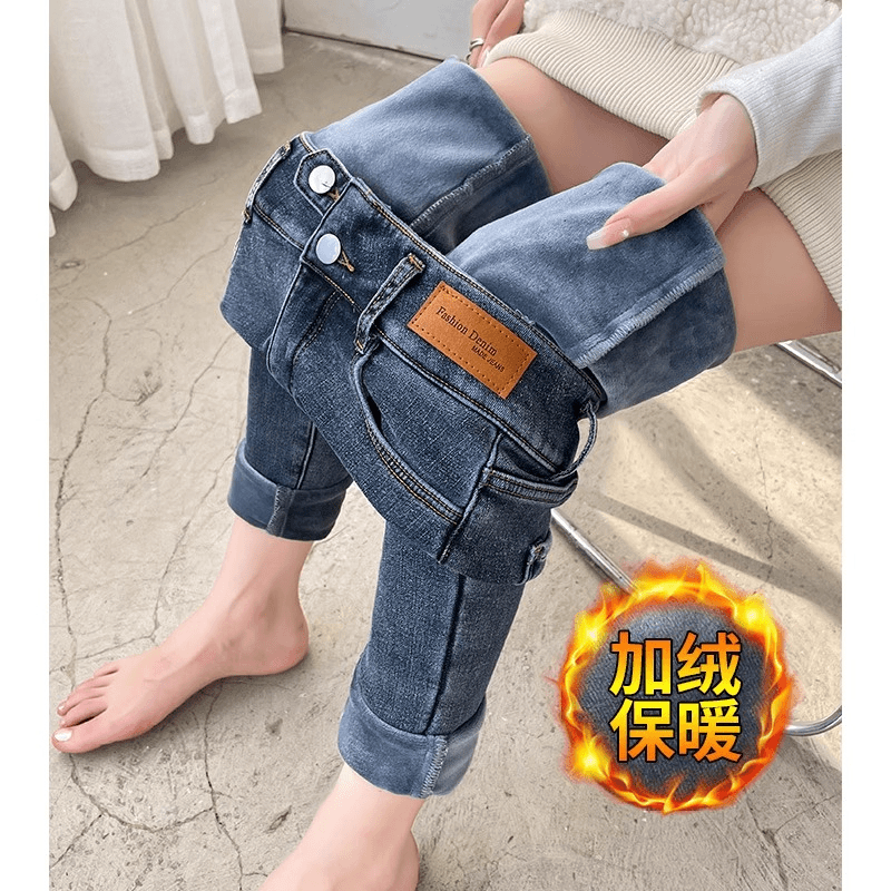 加绒加厚紧身牛仔裤女秋冬季2023新款靴子裤修身弹力小脚铅笔裤子