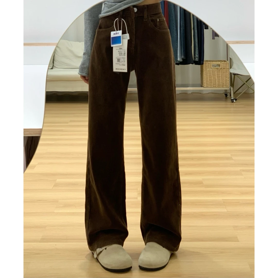 秋冬爆款咖啡棕色灯芯绒阔腿裤女复古高腰长裤显瘦休闲拖地裤子