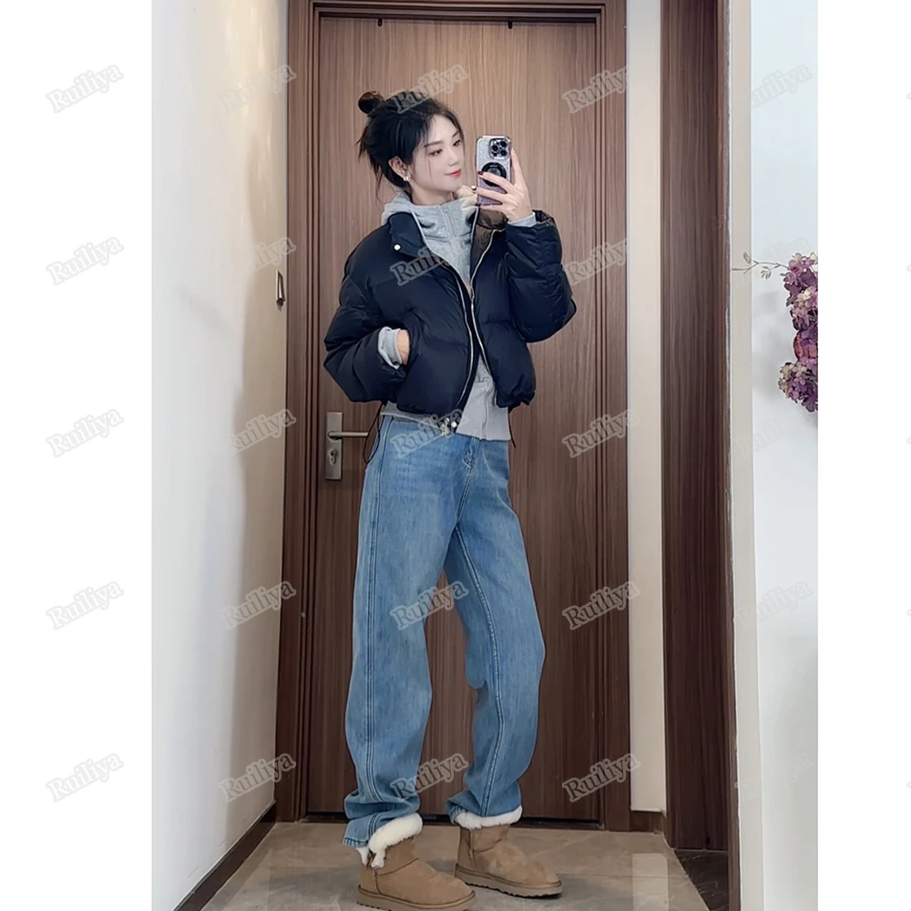浅蓝色百搭阔腿牛仔裤女秋冬加绒新款高个子复古窄版拖地直筒裤子