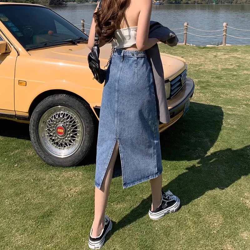 半身裙女开叉2025年新款春秋中长款牛仔裙小个子a字高腰包臀长裙