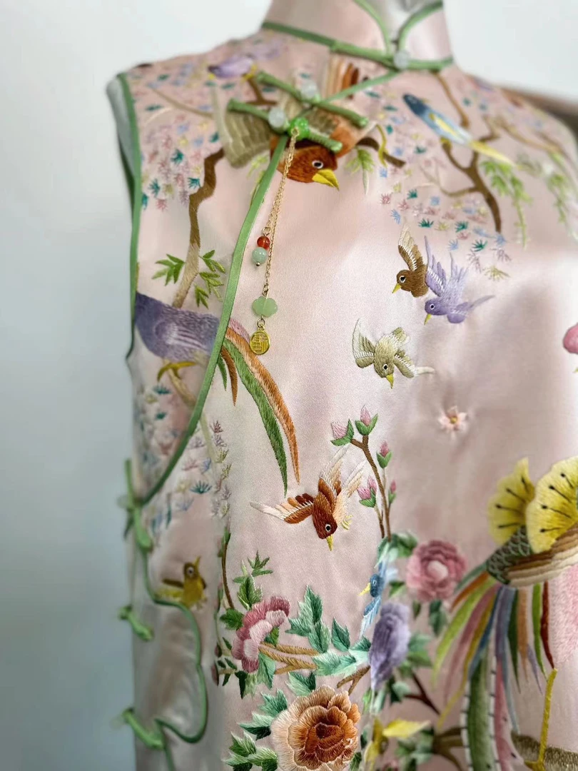 【栀晓】苏绣华服“百鸟朝凤”精致刺绣无袖女士短款旗袍时尚双层气质