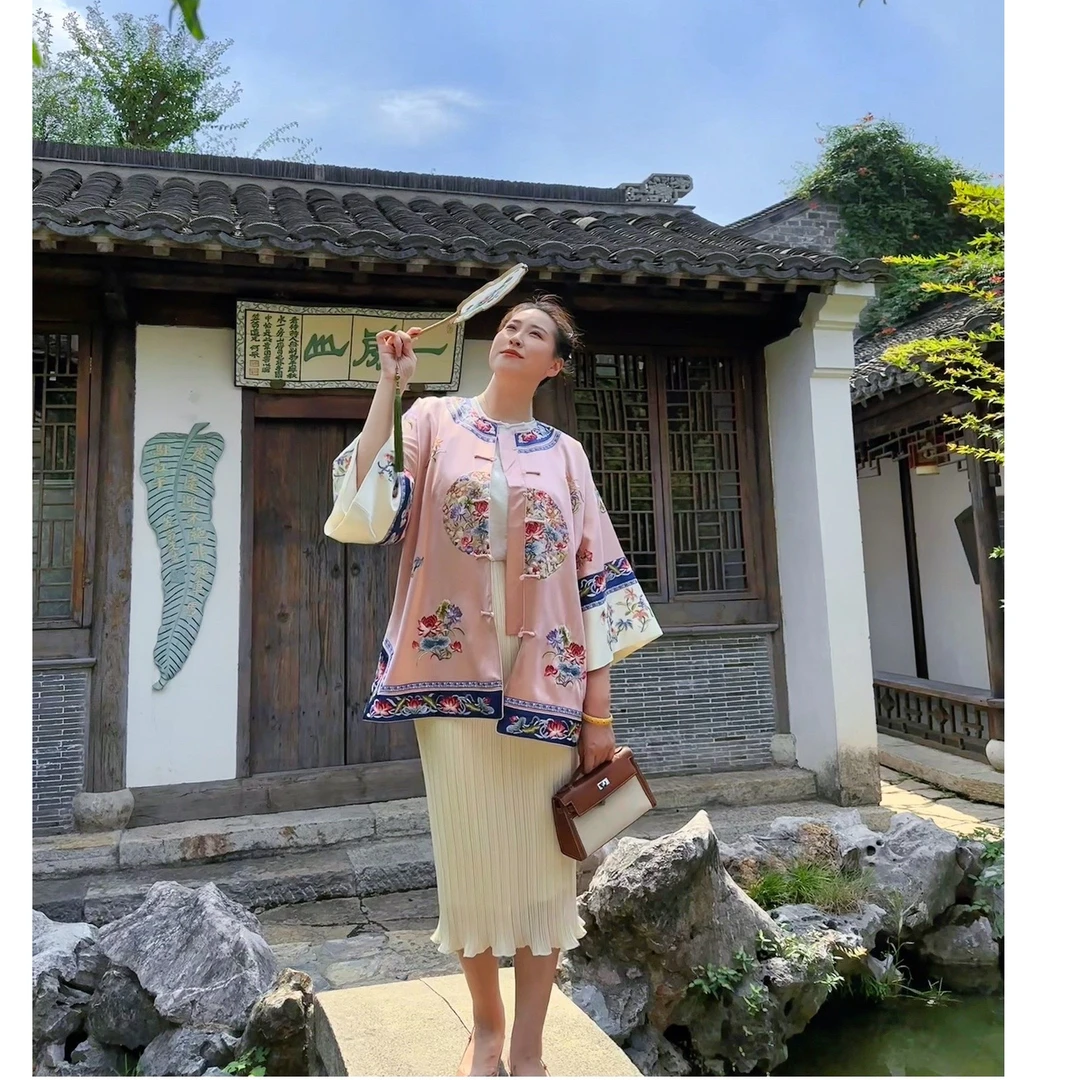 {栀晓}苏绣纯手工刺绣国风重工圆领长袖宽松时尚复古夏季百搭休闲