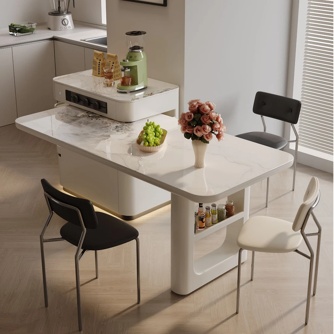 轻奢小户型旋转伸缩岩板岛台餐桌椅一体式法式奶油风带泡茶吃饭桌