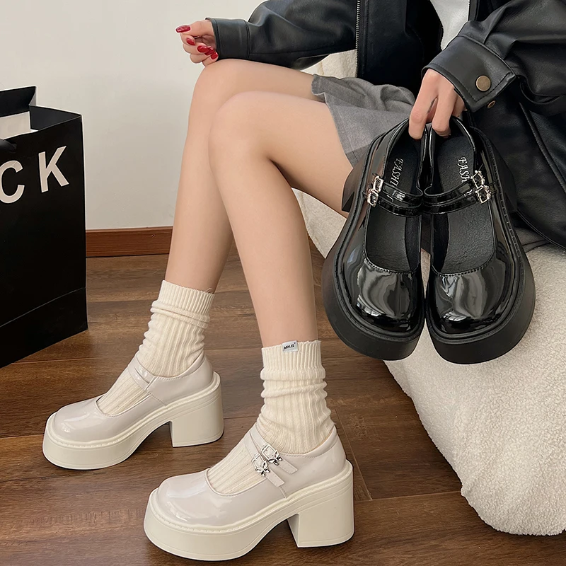 【亚妹专属】粗跟百搭增高厚底法式白色玛丽珍小皮鞋女2024新款英伦