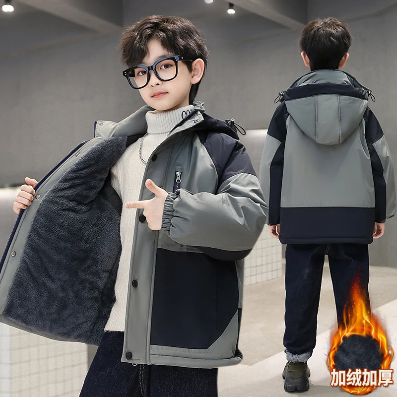 童装男童秋冬装加绒外套儿童加厚棉衣2023新款大童派克服冬季棉袄