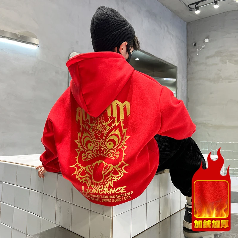 男童本命年红色卫衣龙年加绒上衣2024新款男孩喜庆过年连帽拜年服