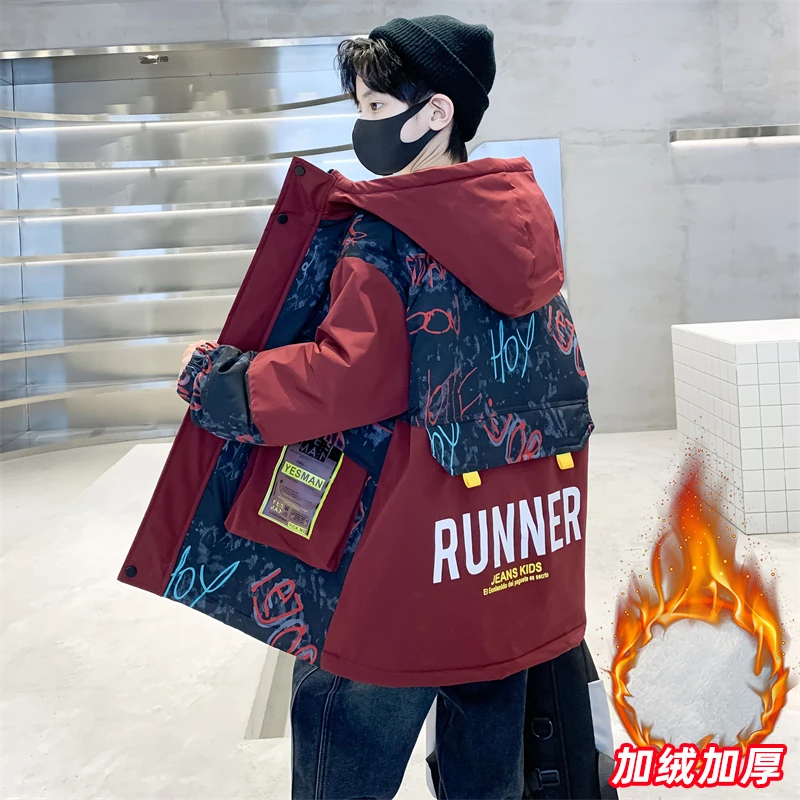 男童冬装派克服儿童棉衣2023新款中大童帅气棉袄加厚男孩加绒外套