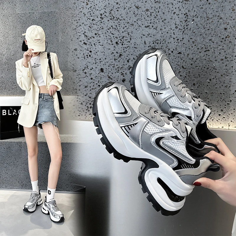 露思同款银色老爹鞋女款真皮厚底运动休闲鞋2024春季新款网面女鞋