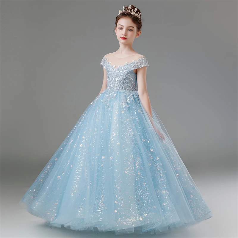 儿童礼服公主裙生日女童钢琴演出服走秀高端六一小主持人服装蓝色