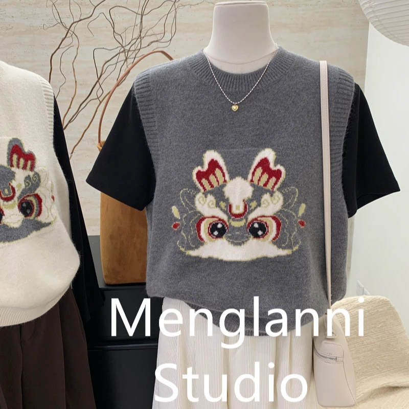 2025秋冬新款韩版提花提花卡通国风龙年马甲针织衫背心百搭时尚