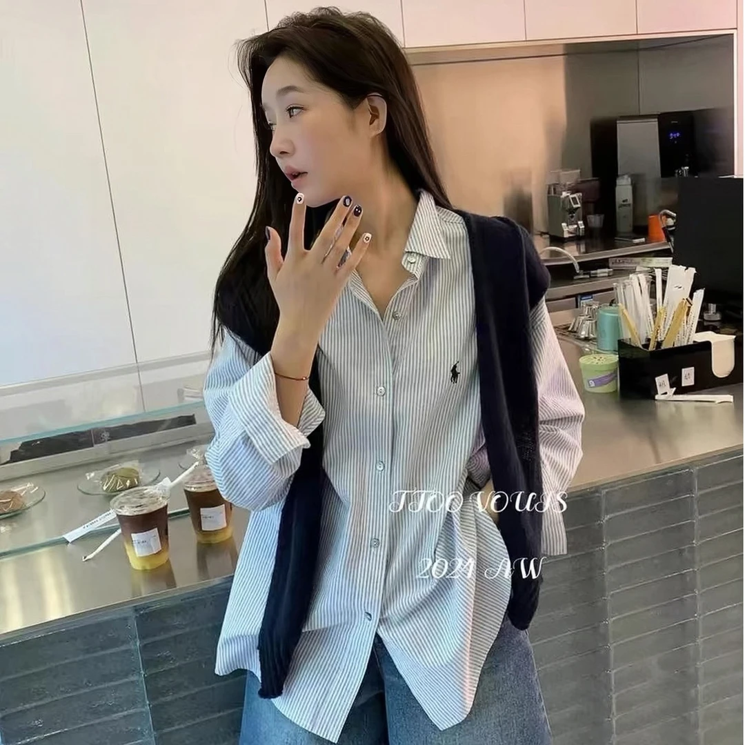 【RJ】小马两件套披肩衬衫春季新款宽松竖条纹洋气衣服财阀千金女装