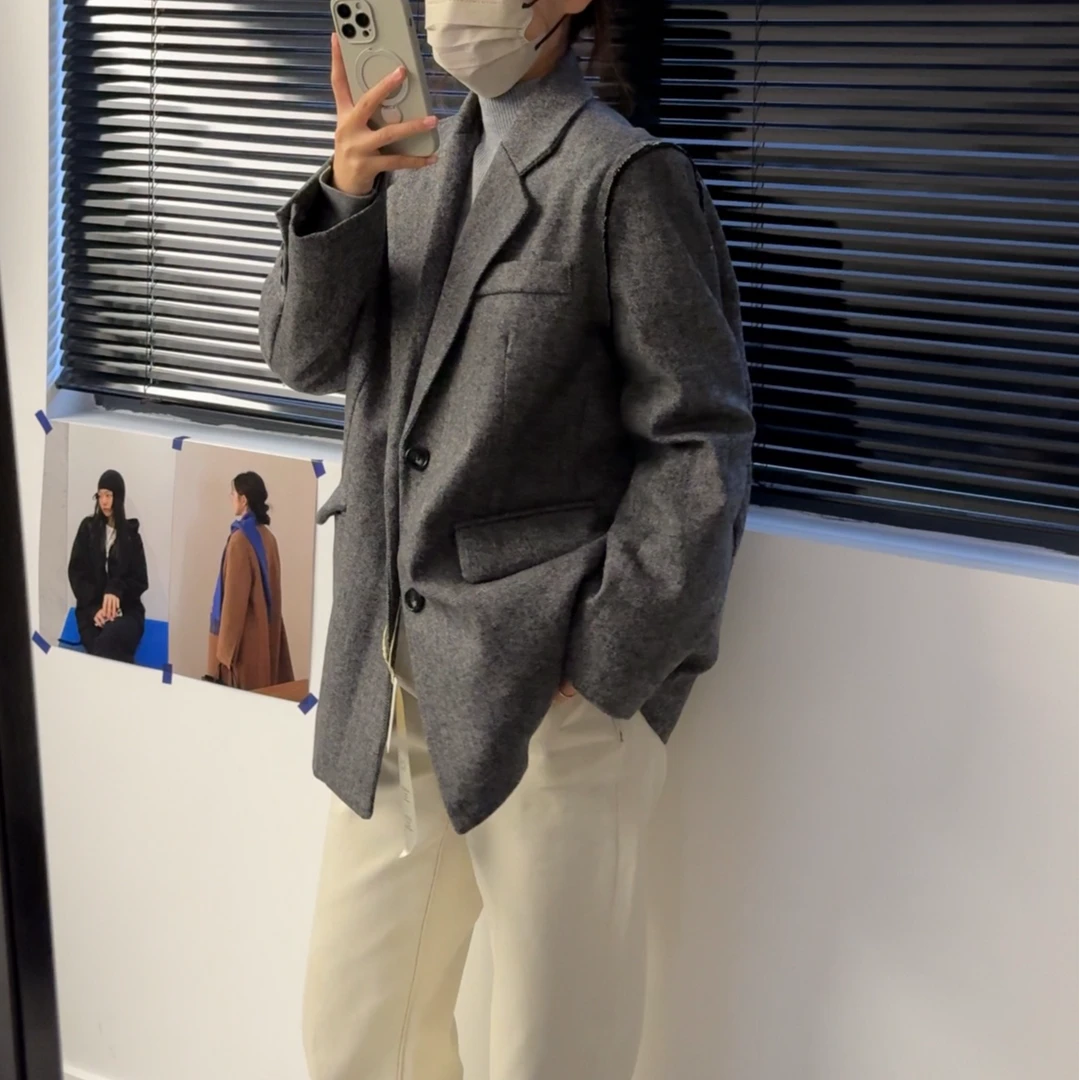 韩版做旧羊毛高品质女2024冬季新款高级感白鸭绒内胆毛呢西装外套