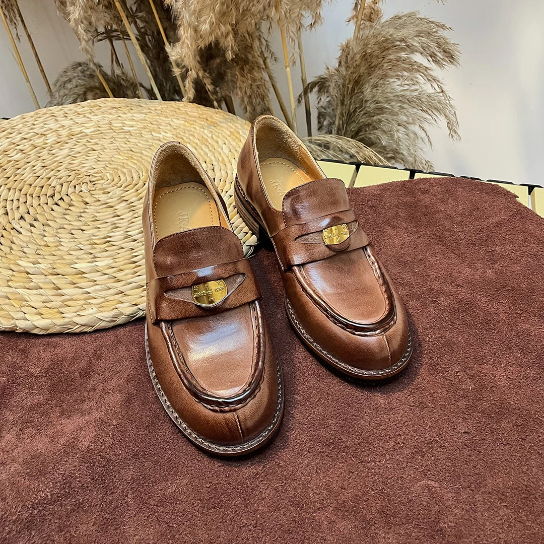 断码清仓—手工复古马臀皮女鞋厚底乐福鞋百搭英伦风单鞋3508