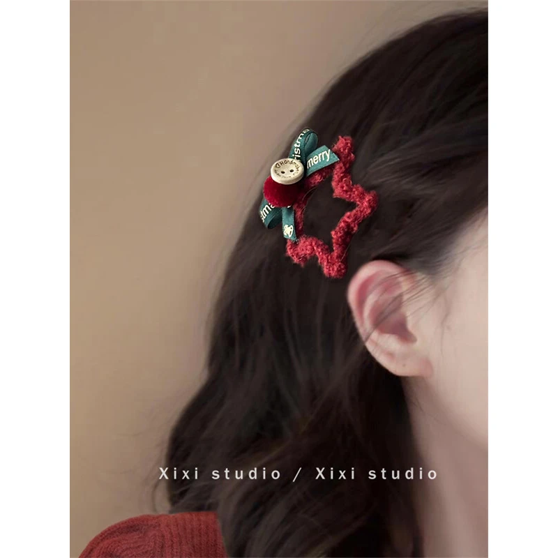 氛围感!红色五角星发夹!高级感小众设计女刘海碎发毛绒夹子头饰