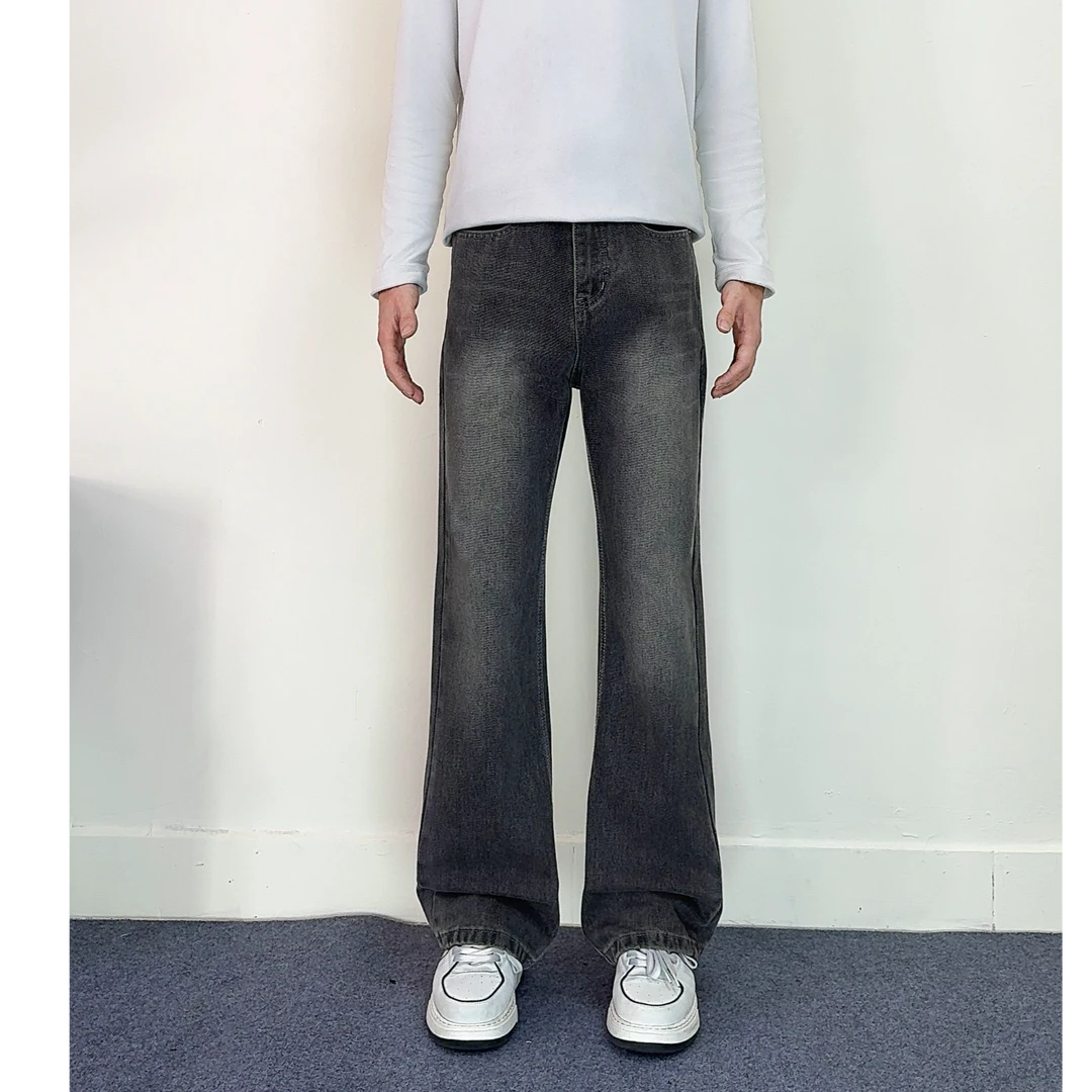 美式高街复古烟灰色微喇牛仔裤男款水洗宽松直筒cleanfit穿搭