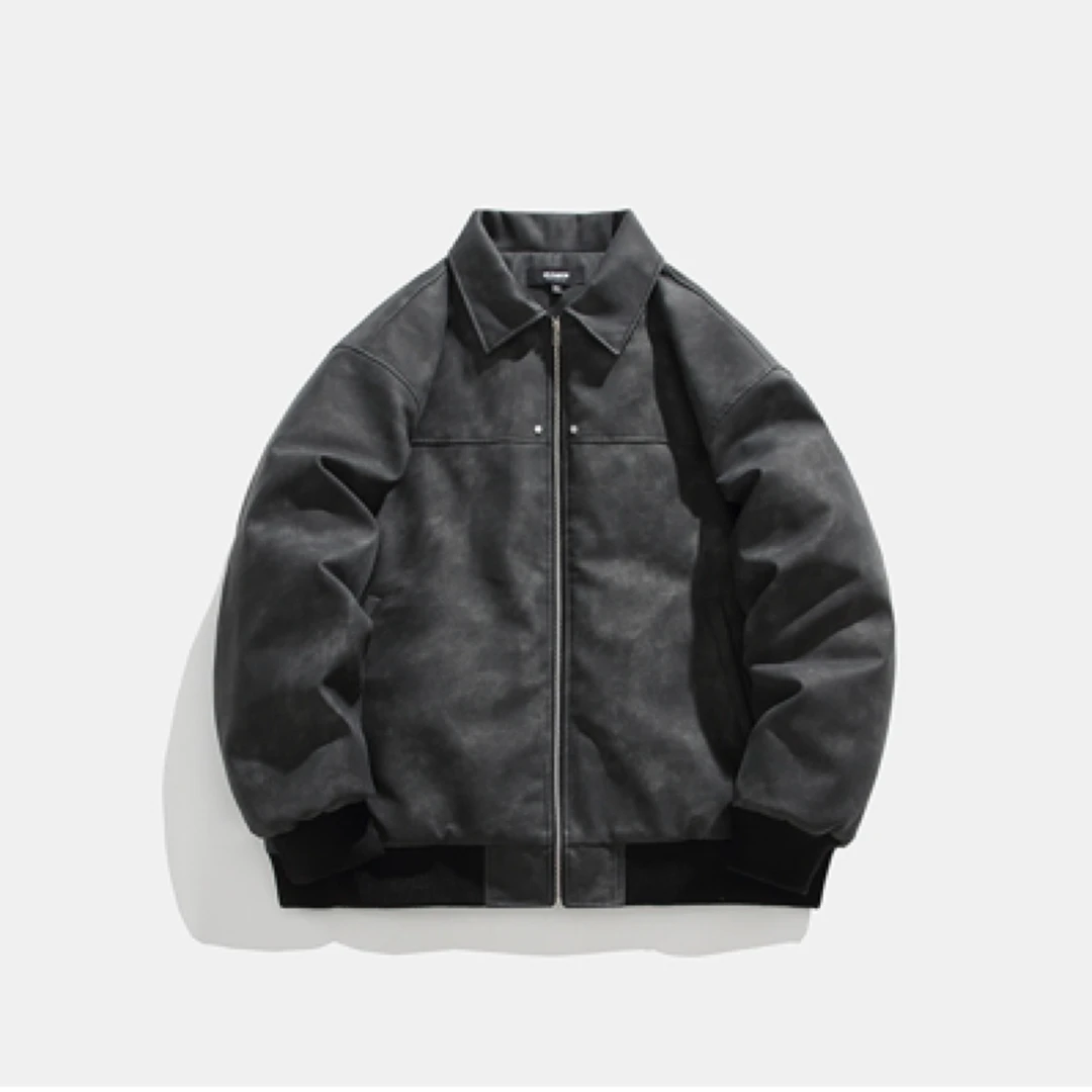 韩会新款冬季复古纯色麂皮纹理翻领棉衣男潮牌皮衣加厚美拉德外套