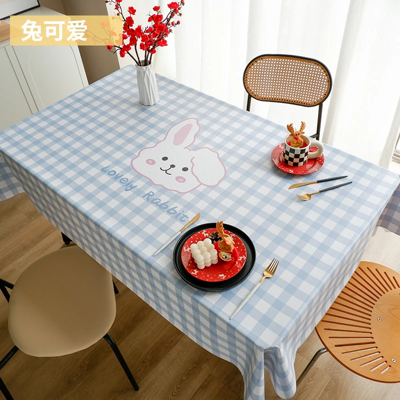 兔可爱卡通格子桌布防水防油防烫免洗餐桌布茶几台布PVC长方形