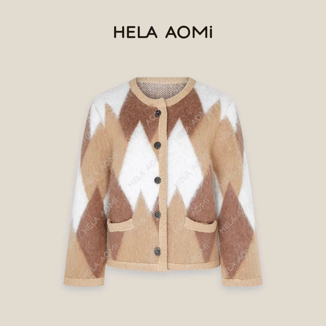 HELA AOMI “菱格马海毛”撞色毛衣百搭复古开衫外套上衣CY4CX00080