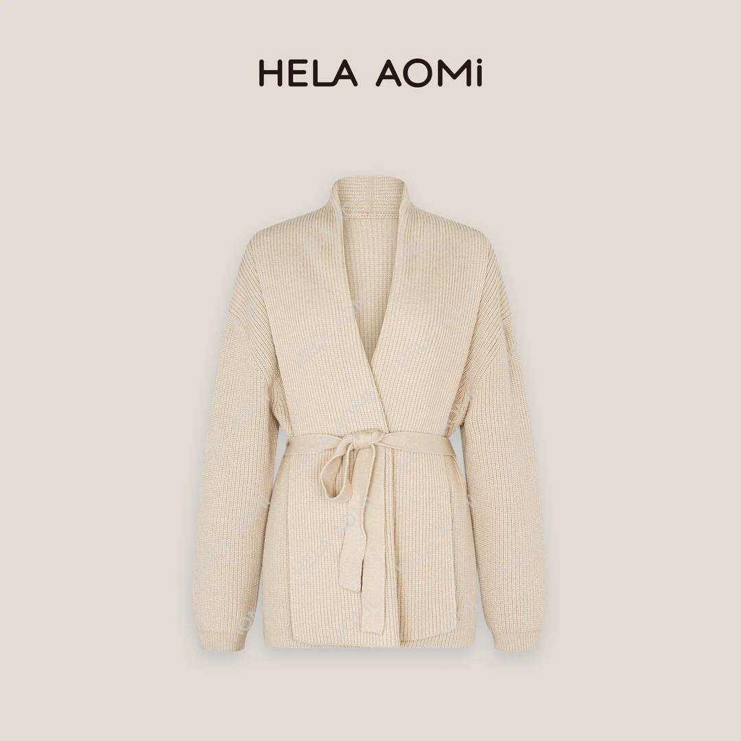 HELA AOMI “慵懒奶杏”气质高级感V领系带开衫针织毛衣CY4CQ31704