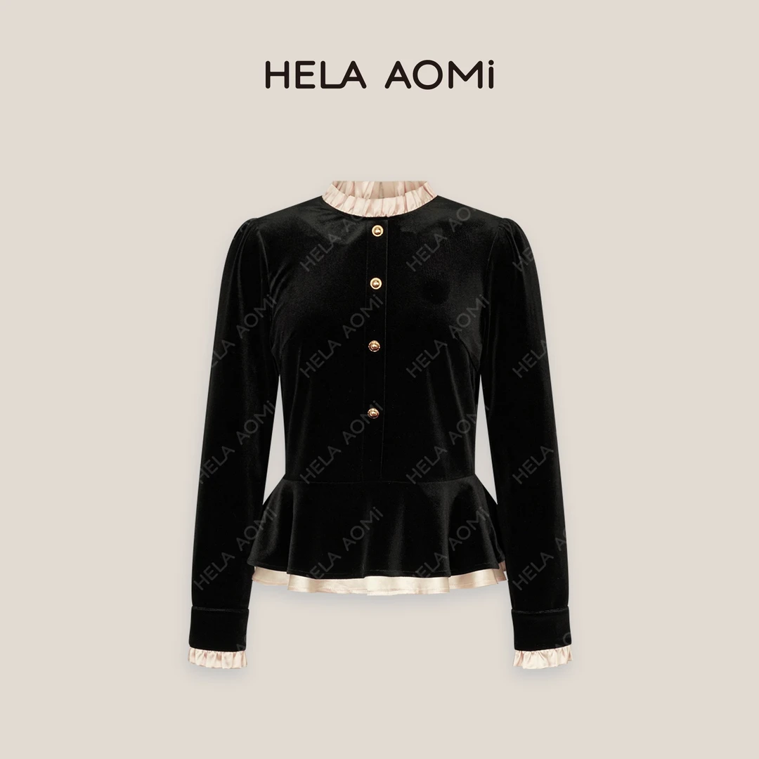 HELA AOMI “赫本夫人”法式小香风假两件圆领丝绒上衣CY4CX11068