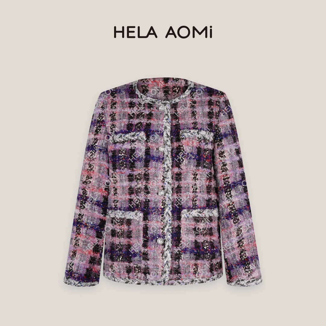 HELAAOMI “鹅绒版巴黎紫香”梦幻紫圆领小香风羽绒外套CY4DM01580