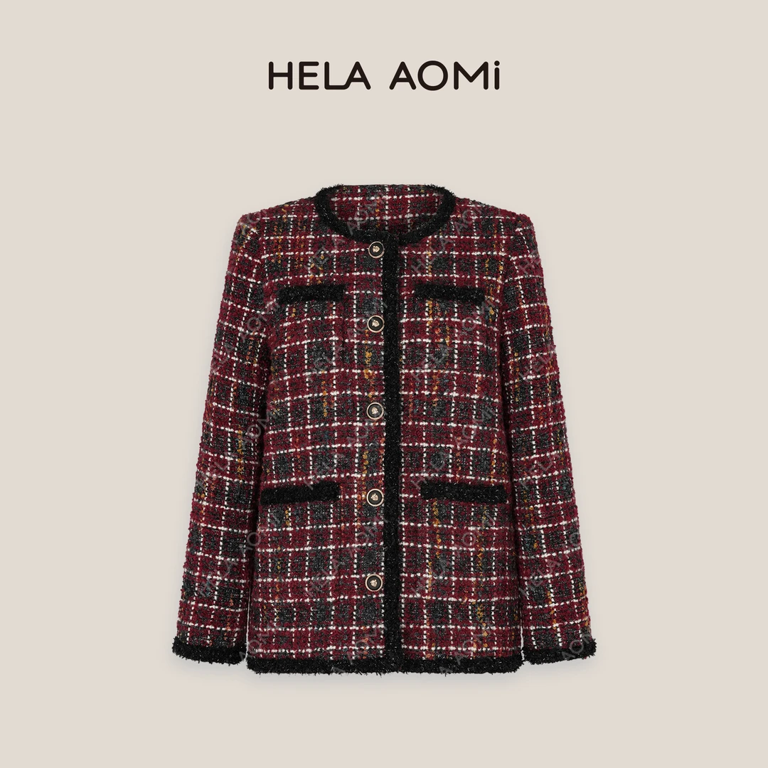HELA AOMI “香阀世家”复古红格纹圆领粗花呢外套CY4CX05010