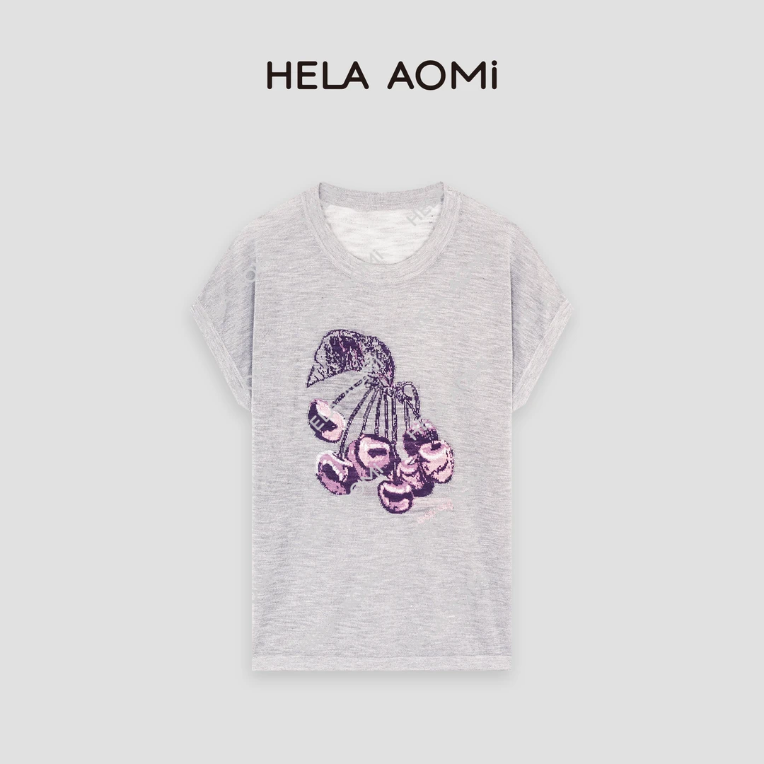 HELA AOMI “车厘紫 竹节麻”薄款樱桃印花宽松显瘦上衣CY4AE24209