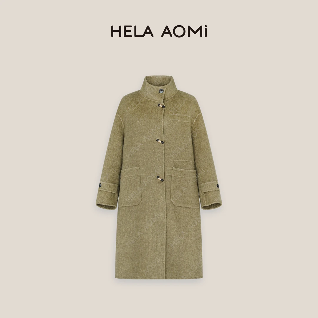 HELA AOMI【牦牛绒桑蚕丝】苔藓绿 高级立领大口袋大衣CY4CC08402