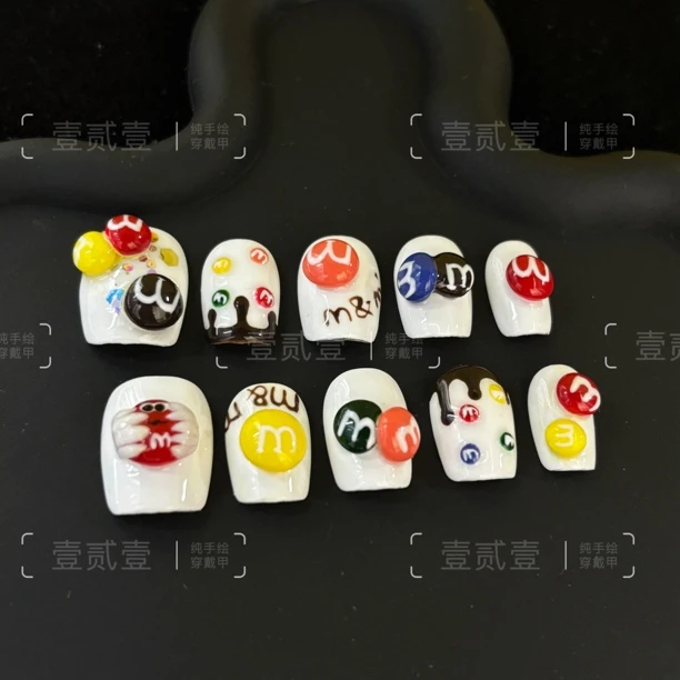 小方家纯手绘穿戴甲～M豆捏捏立体卡通可爱手工美甲