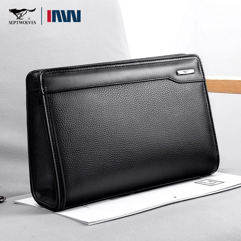 七匹狼男士手包真皮公文包商务手拿包头层牛皮大容量手夹包男正品