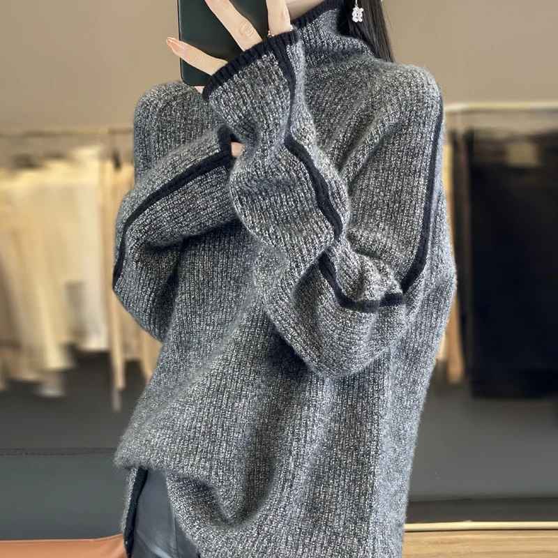 秋冬新款100%纯羊毛衫高领加厚毛衣宽松显瘦慵懒套头正品羊毛衫