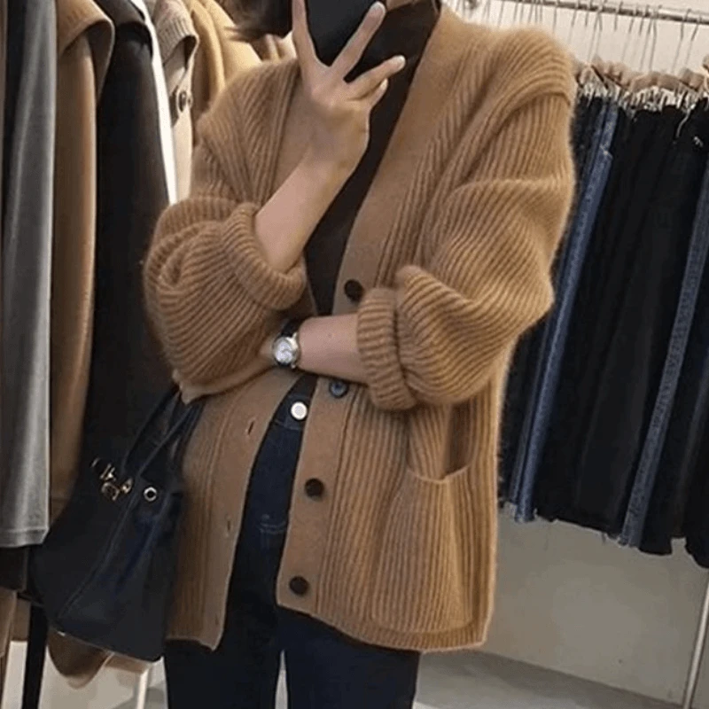 V领100%羊毛开衫正品女韩系外套慵懒宽松针织衫宽松毛衣上衣秋冬