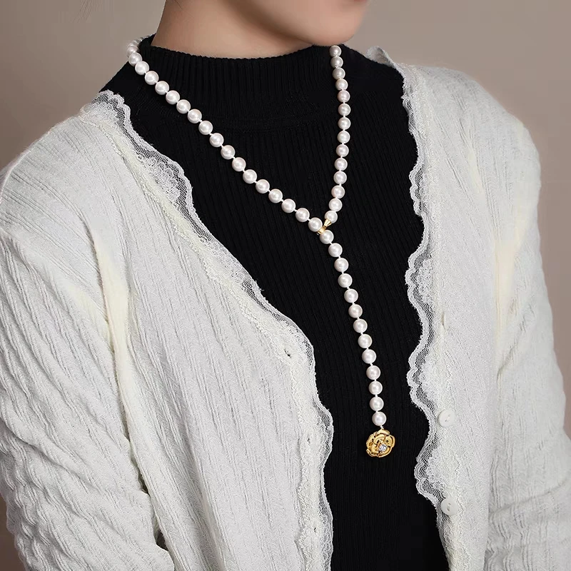 无核珍珠项链毛衣链山茶花卡扣旗袍链9-10毫米珠子项链