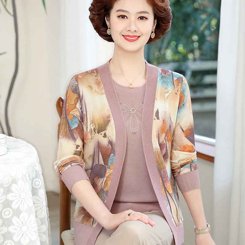 妈妈新款两件套加肥加大码外套中年女春秋上衣洋气老年人针织开衫