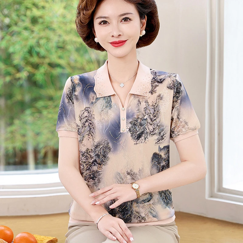 妈妈夏装套装冰丝短袖t桖中年女薄款时尚夏天小衫中老年气质上衣