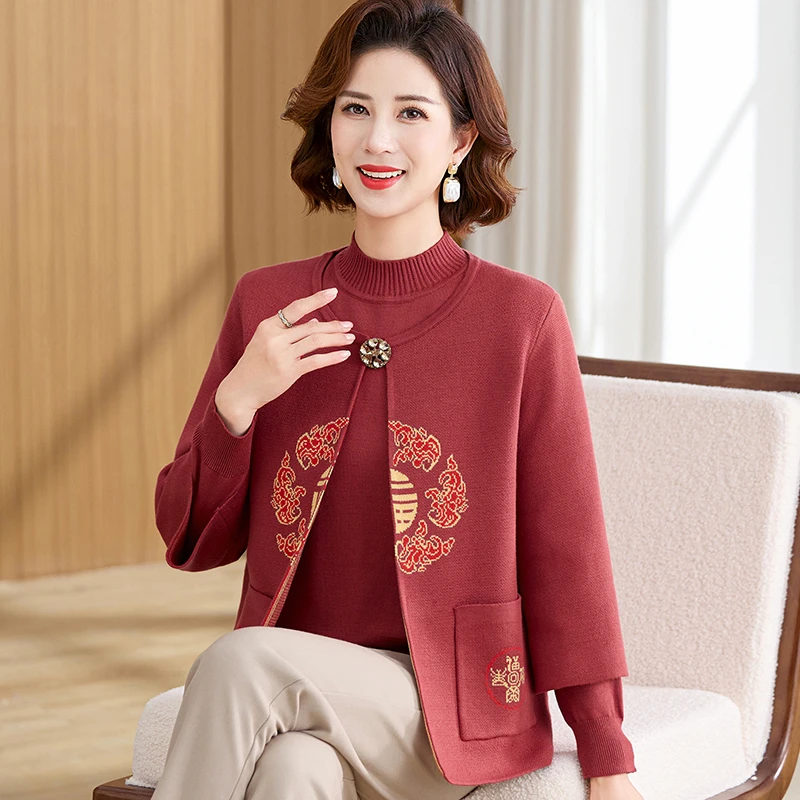 洋气新款妈妈装针织外套开衫中老年女装高贵上衣40岁洋气两件套装