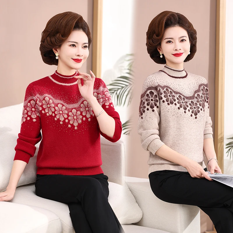 妈妈冬装一体加厚毛衫女中老年中年毛衣女装洋气宽松保暖打底衫