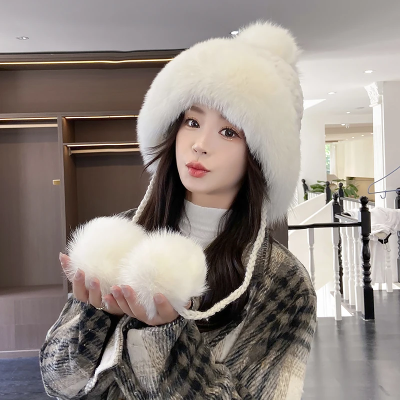 韩版獭兔毛护耳帽冬季保暖狐狸毛风雪帽女甜美可爱显脸小真毛球帽