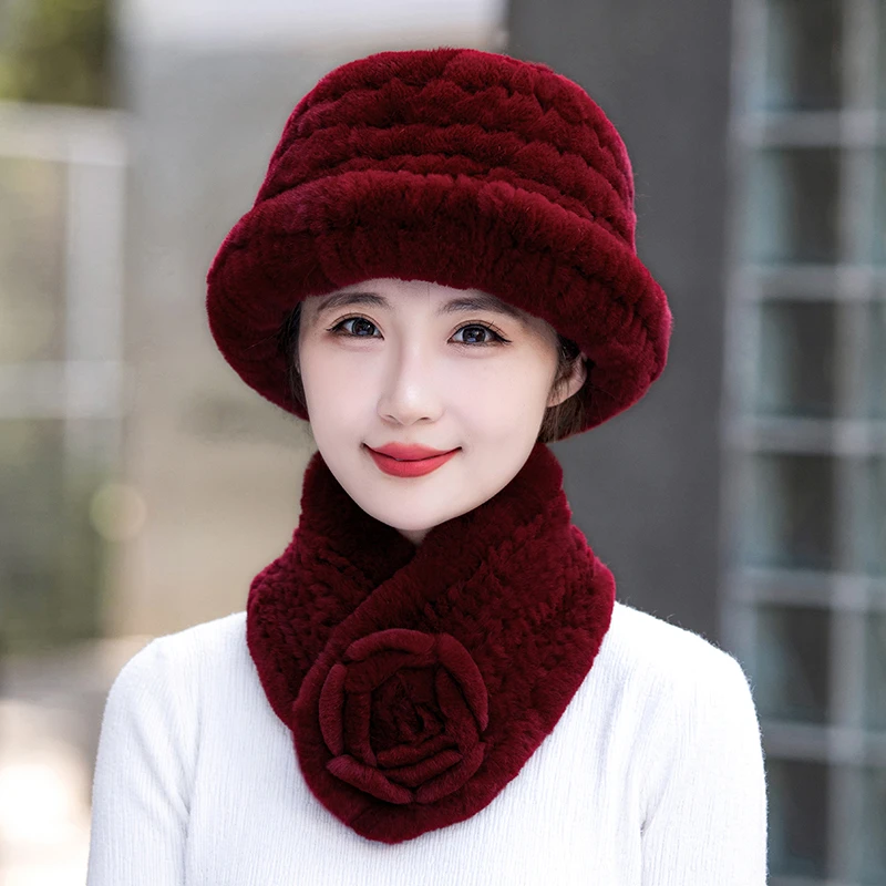 皮草帽子女奶奶冬天獭兔毛老太太中老年人冬季加厚保暖妈妈帽围巾