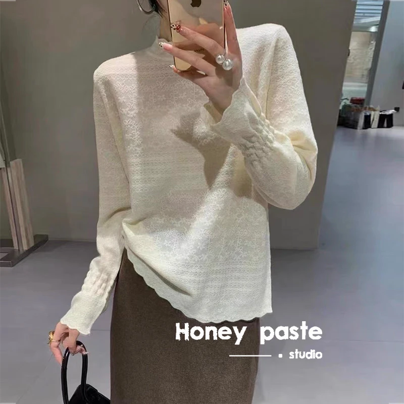 法式花边波浪领勾花套头细羊打底衫2025春装新款女装针织衫高级感