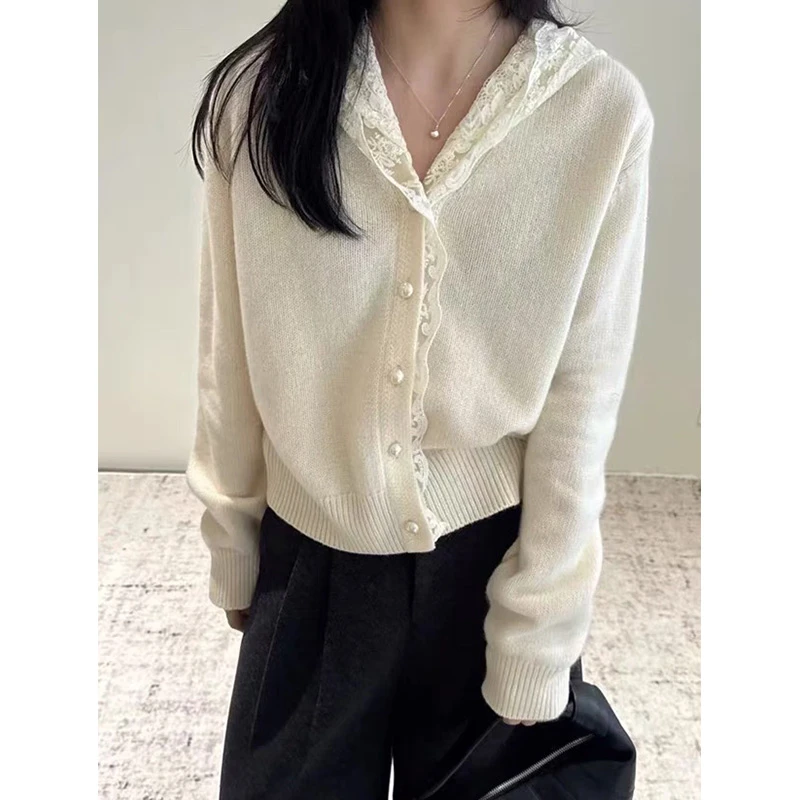 蕾丝连帽拼接蜜熊毛衫春季新款女装时尚百搭法式复古气质针织开衫