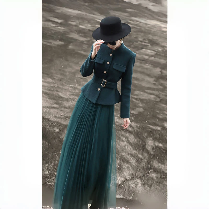 秋冬新款气质复古短外套网纱半身裙两件套装M1WO0383