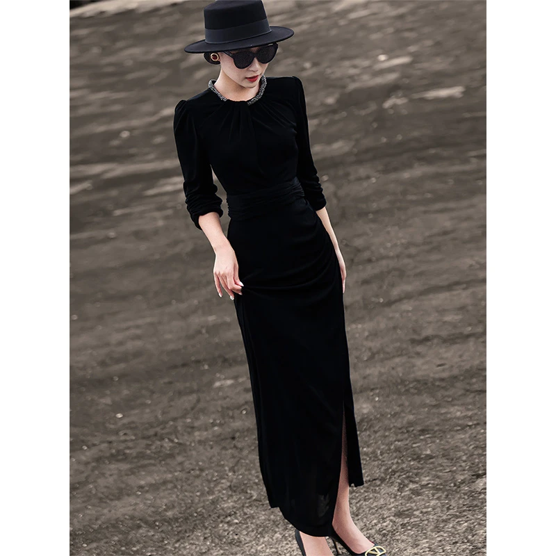 MEXCOCO/兰瑟儿秋季新款气质修身显瘦黑色醋酸连衣裙女M4WL9244