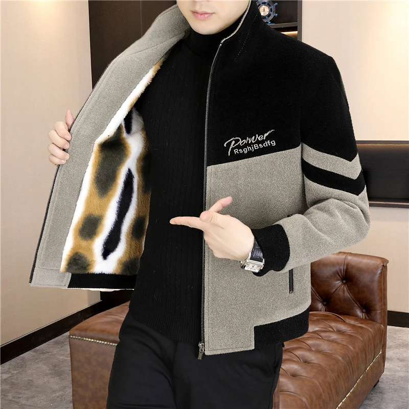 冬季新款男士立领拼色加绒毛呢夹克外套休闲百搭时尚保暖刺绣外套