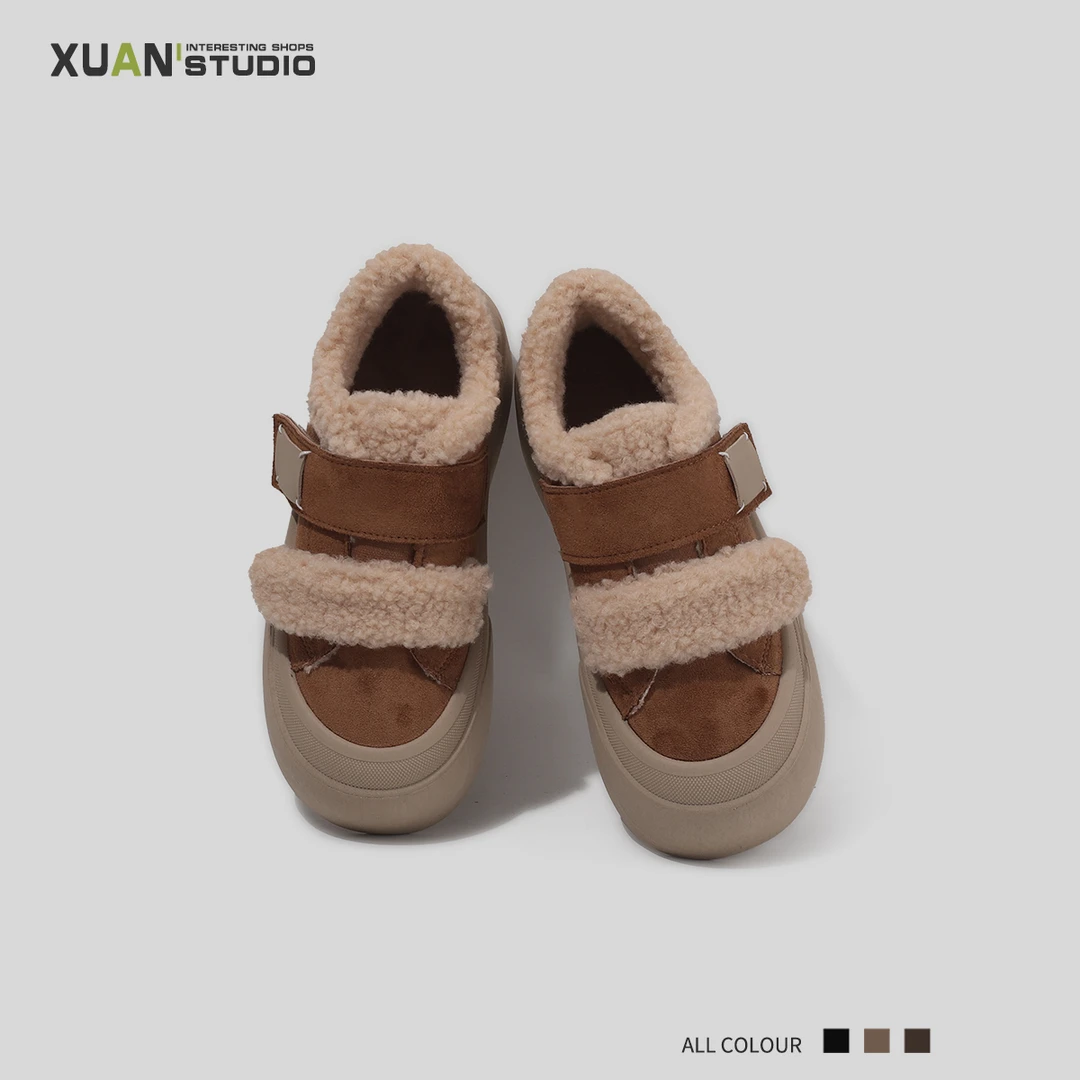 加绒加厚魔术贴2024冬季新款小众美拉德厚底保暖复古软底棉鞋女鞋