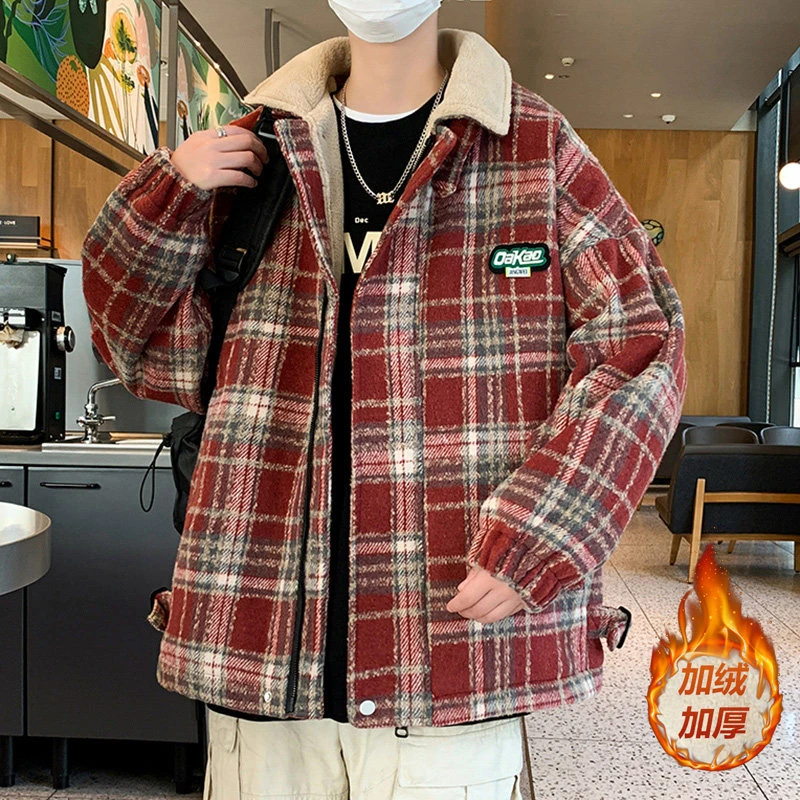 格子毛呢外套男秋冬季潮牌宽松连帽夹克青少年学生痞帅加绒加厚潮
